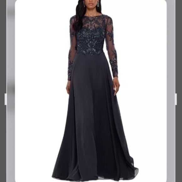 Xscape Dresses & Skirts - XSCAPE Women's Sequin Embellished Long Sleeve Boat Neck Chiffon Gown in Charcoal